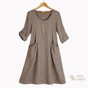 Terzo Milleno Made In Italy 100% Linen Midi Dress | Lagenlook Coastal Boho | L